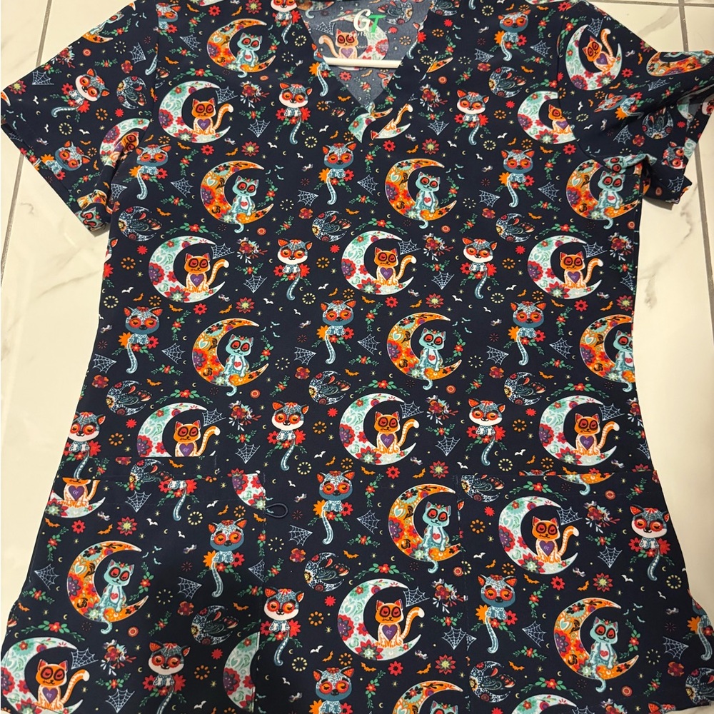 Women's Navy Halloween Cat Printed Scrub Top